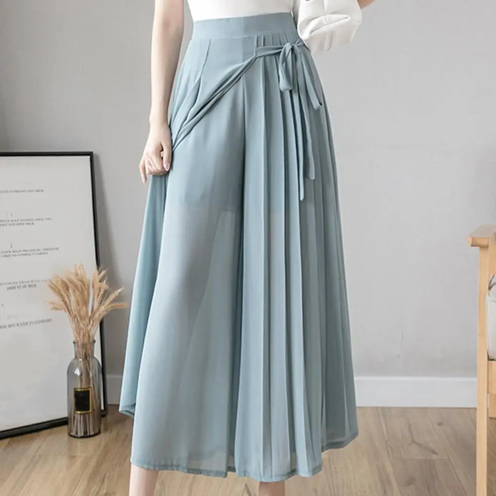 Casual Women Pants Solid Color Wide Leg High Waist Pleated Loose Slacks Trousers for Work Summer Beach Female Chiffon Trousers