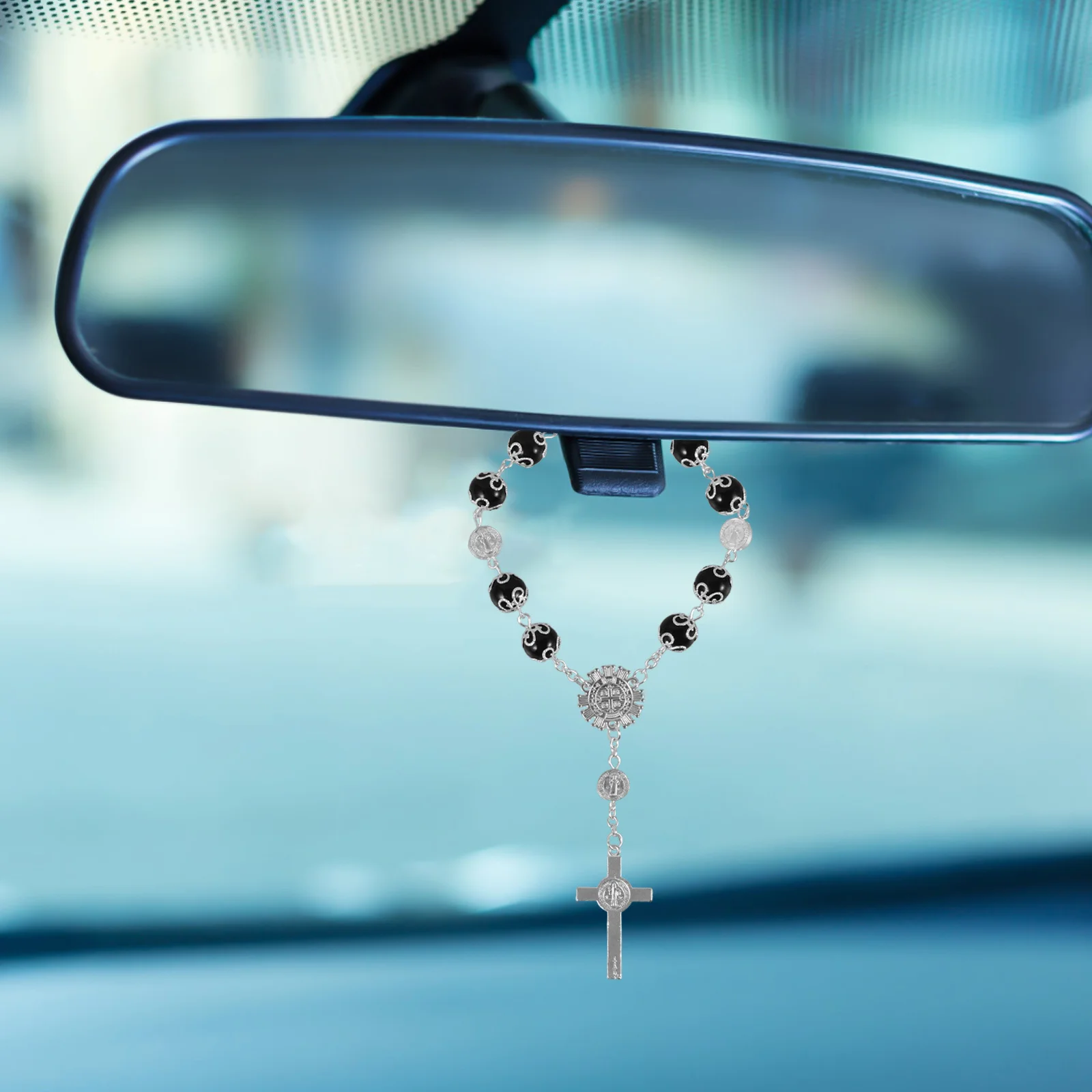Mirror Hanging Rosary Bracelet Alloy Cross Pendant For Decor Auto Interior Charm Rearview Accessories Car Hanging Ornament Cross