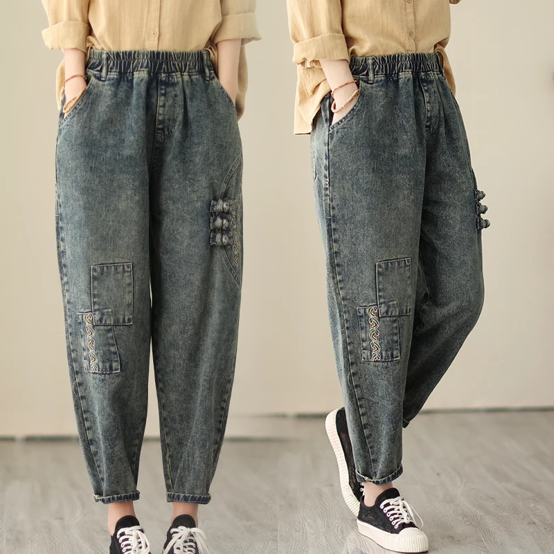 8002 Spring Women Vintage Patchwork Casual Loose Jeans Chinese Style Buckle Retro Denim Pants Female Elastic Waist Harem Trouser