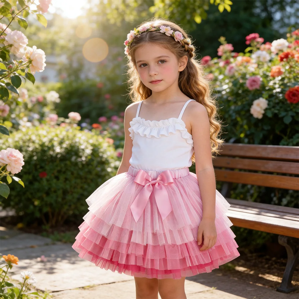 VIKITA Mädchen-Tutu-Rock aus rosa Ombre-Tüll mit Schleifenknoten, für Kinder, Prinzessin, Ballett, Prinzessin, Party, Tanz, lässig, elegant – Detail 3