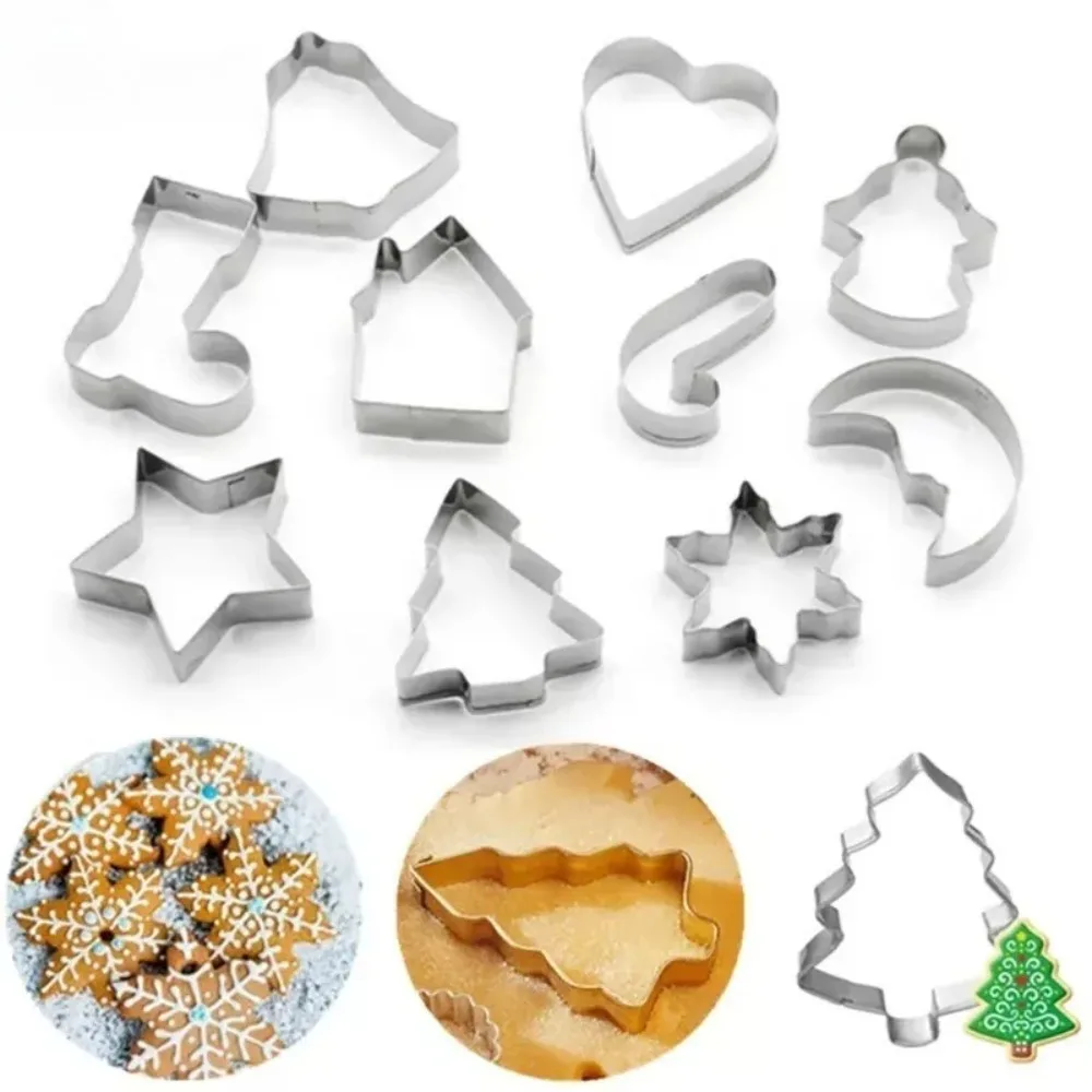 6PCS or 10PCS/Set Stainless Steel Christmas Cookie Cutters Xmas Tree Star House Bells Snowflake Baking Cake Biscuit Fondant Mold