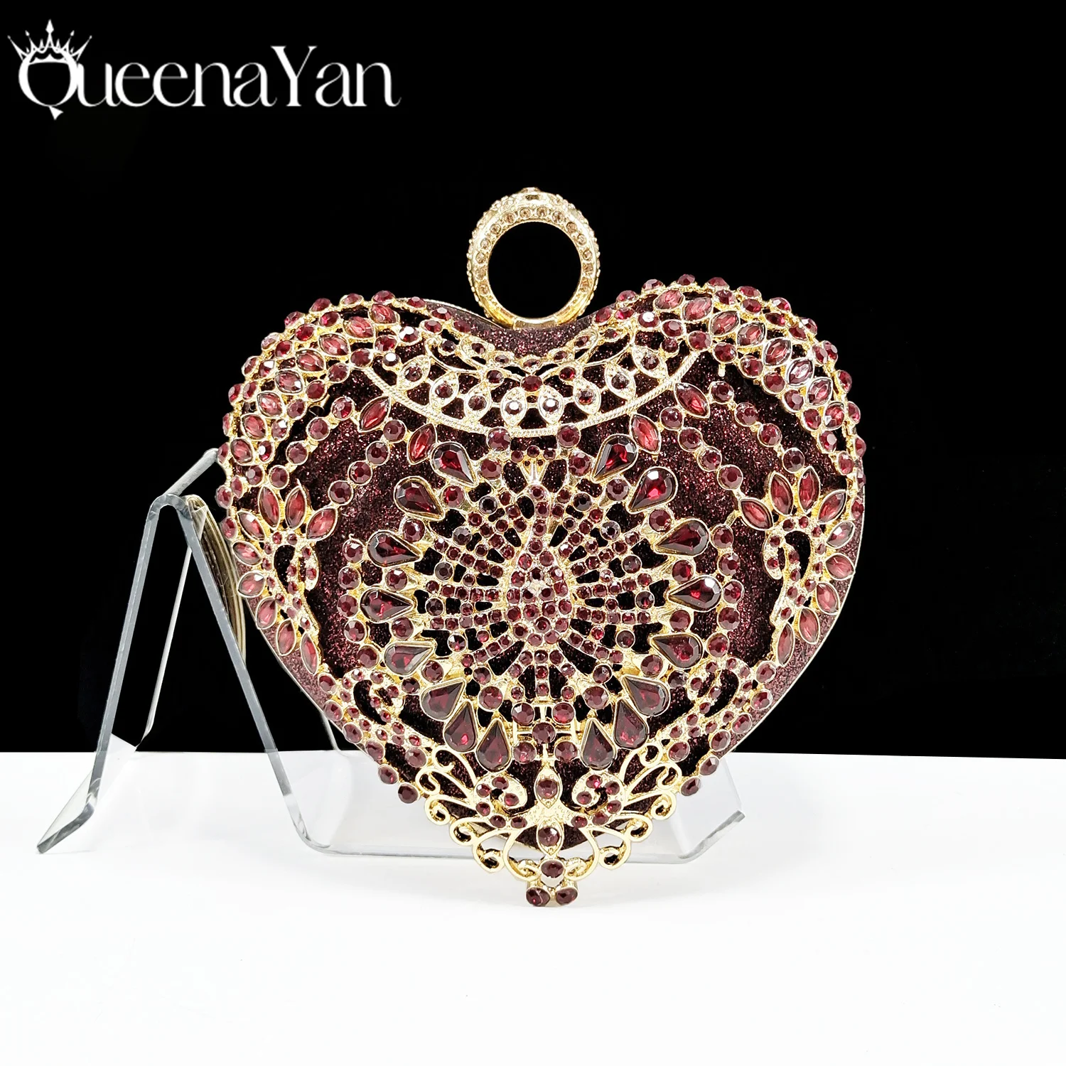 Diamond Inlay Heart Shape Crystal Clutch Purse Stones Evening Wedding Party Shoulder Bag Mini Handbag