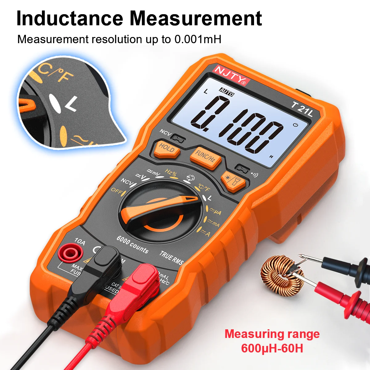 NJTY T21L Inductance Digital Multimeter 600μH-60H Range Duty Cycle 0.1-99% Temp DC AC Amp Voltage Resistance Capacitance NCV Hz