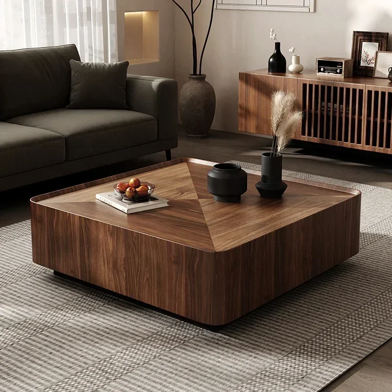 Black Walnut Solid Wood Coffee Table,Modern Square Storage Living Room Furniture,Nordic Style Minimalism Walnut Color Tea Table