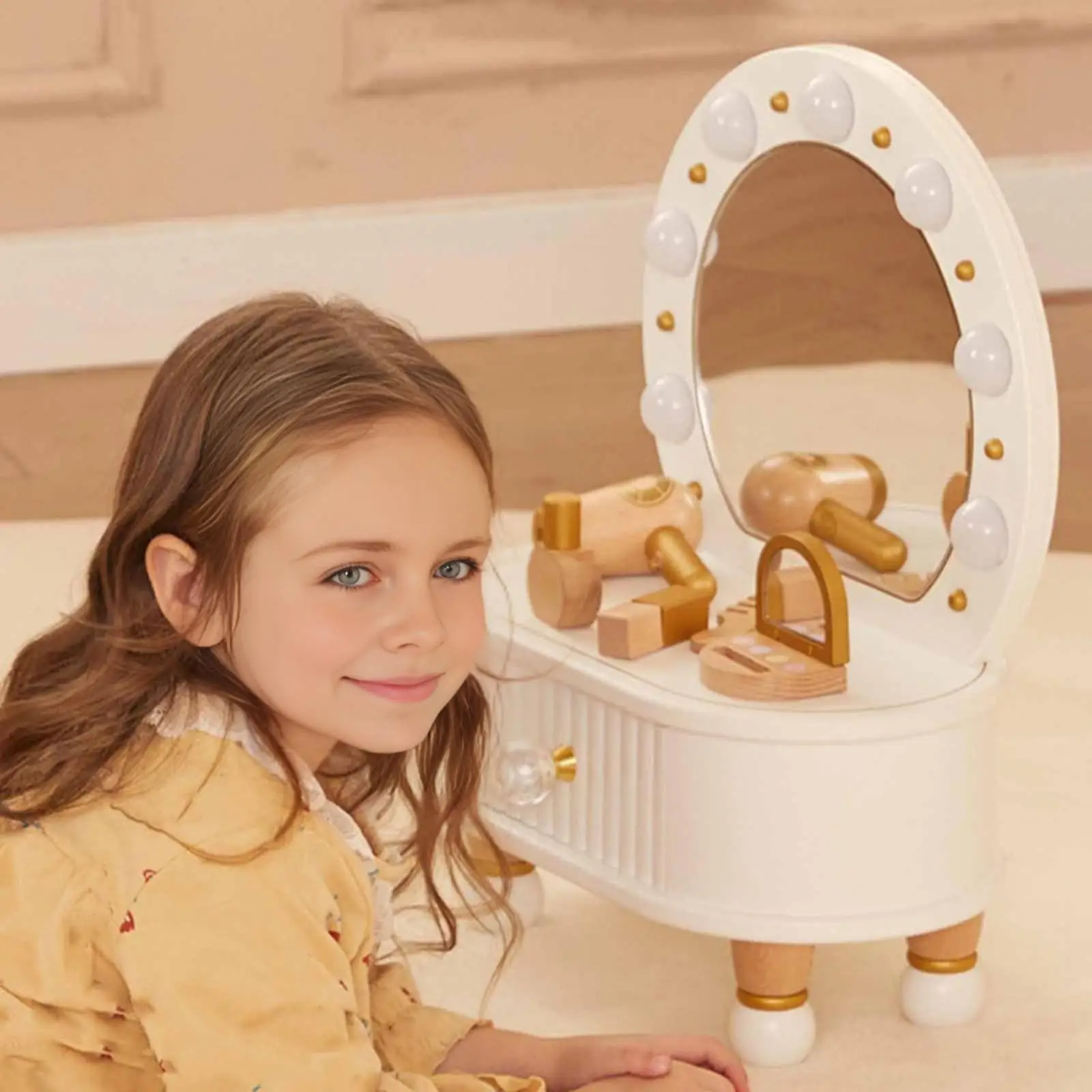 

Wooden Simulation Dressing Table Princess Makeup Table Set Educational Girl Dress up Pretend Play Makeup Kit Toy Birthday Gift