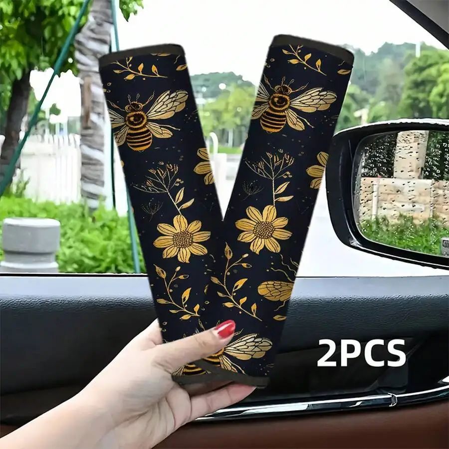 1pc/2pcs Black And Gold Bee Floral Pattern Car Seatbelt Shoulder Pad, Universal Multifunctional Seatbelt Protector, Suitable