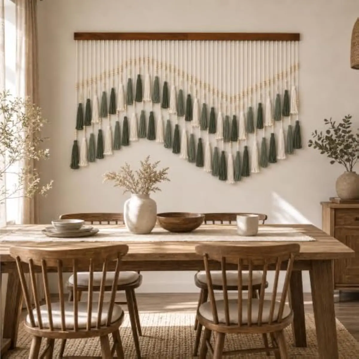 Large Handwoven Macrame Tapestry 150x94cm Featuring Organic Wood Beads Sage Green Cream Tassels Mountain Silhouette Farmhouse Wa
