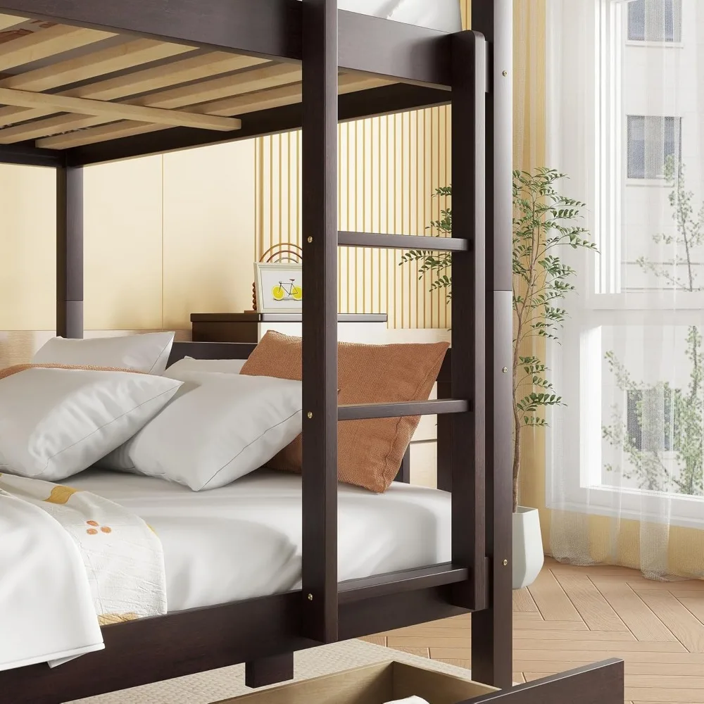 Double decker child bed, 2 storage drawers, full-size bunk bed, equipped with ladder and safety railing child bed