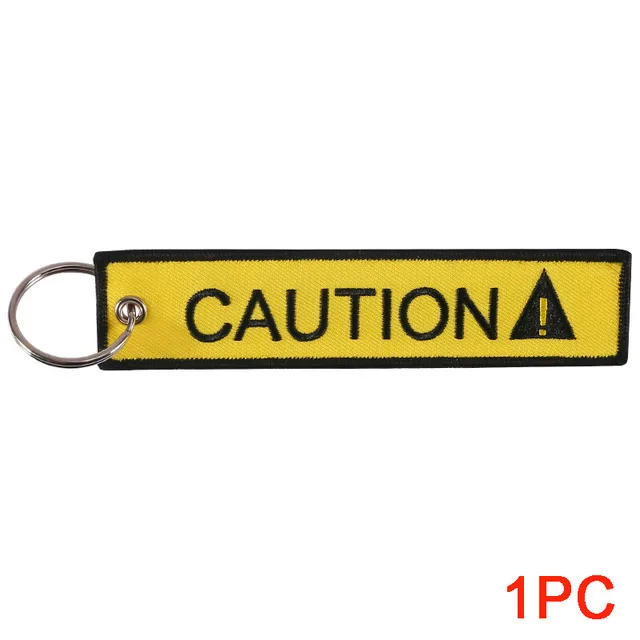 CAUTION Embroidery Keychain Tag, Bag & Motorcycle Key Ring, Woven Label Hanging Pendant for Daily Decoration