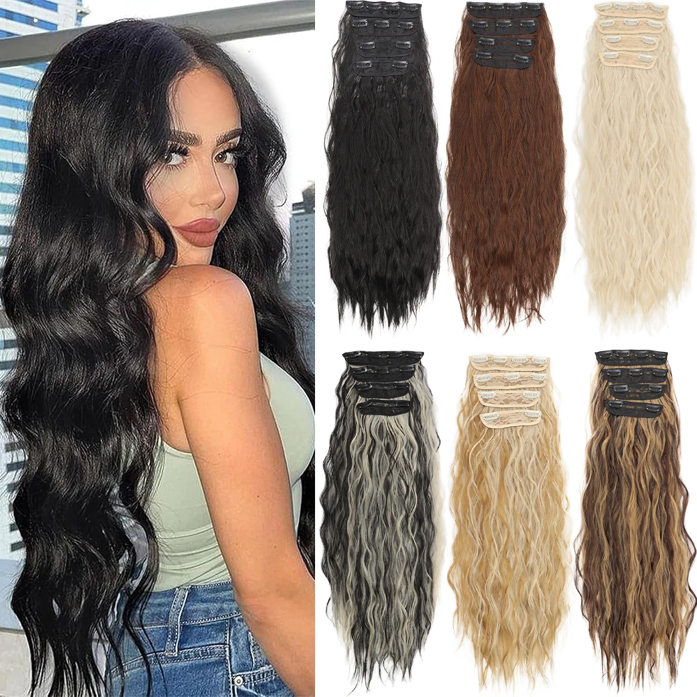 

4PCS Black Hair Extensions Long Wavy Clip in Hair Extension Synthetic Black Hair Extensions Clip Ins Wavy Hairpieces for Women