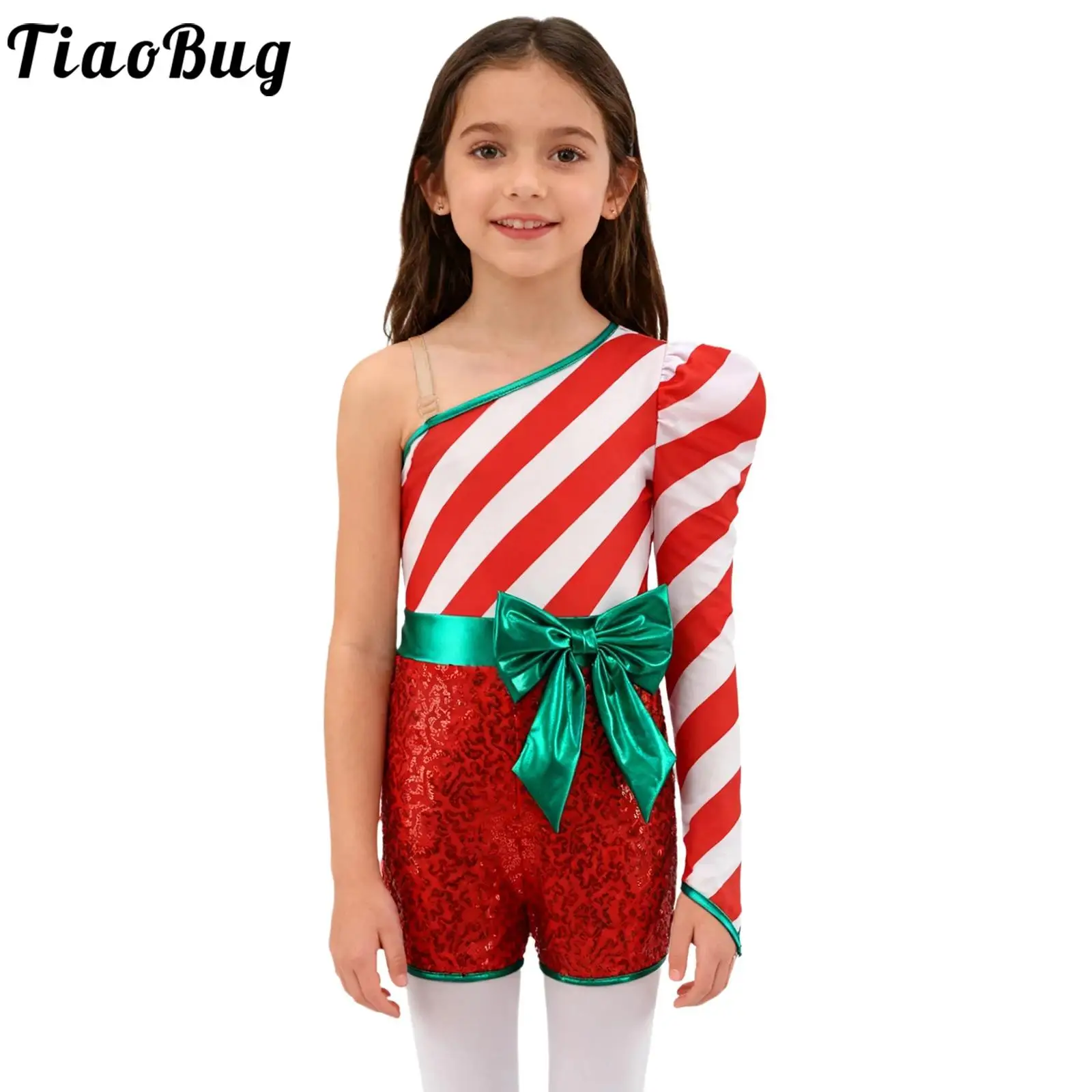 

Girls Christmas Candy Cane Costume Leotards Gymnastic Jazz Sequin One Long Sleeve Side Zipper Bow Jumpsuit for Xmas Performance