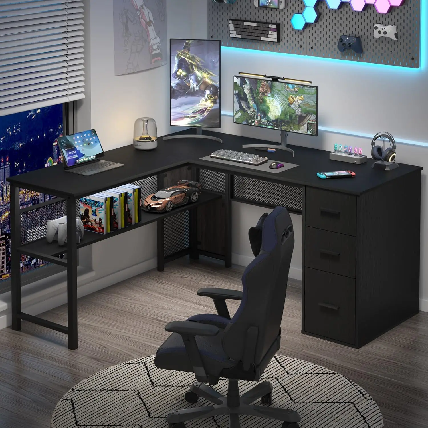 Black L Shaped Desk, Reversible Computer Office Desk with Drawers, Modern Large L Shape Gaming Desk Table with File Cabinets