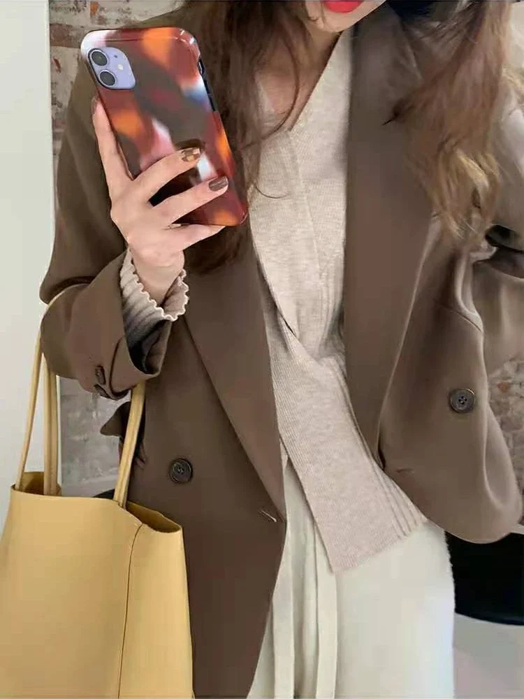 Ulzzang-Blazer basique cranté à double boutonnage pour femme, vêtement de bureau, tenue gracieuse, style Harajuku, collection automne