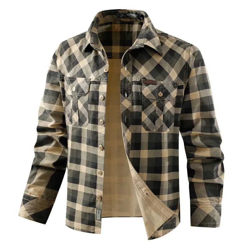 Chemise à carreaux en pur coton pour hommes, vêtements de travail rétro, multi-poches, décontracté, ample, manches longues, nouvelle collection printemps