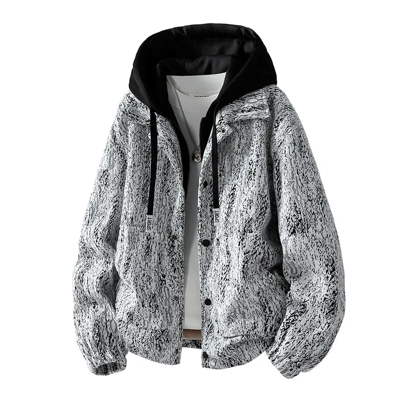 

Autumn Winter Men Jacket Vintage Thicken Fleece Drawing Young Man Hooded Coat Single-breasted Long Sleeve Male Windbreaker