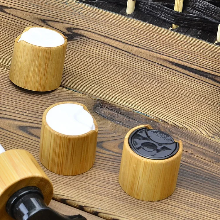 Ronde Gouden Ring en Zwart/Wit Latex Hoofd Druppelaar bamboe dop, match essentiële olie fles pipet, lotion fles bamboe houten doppen