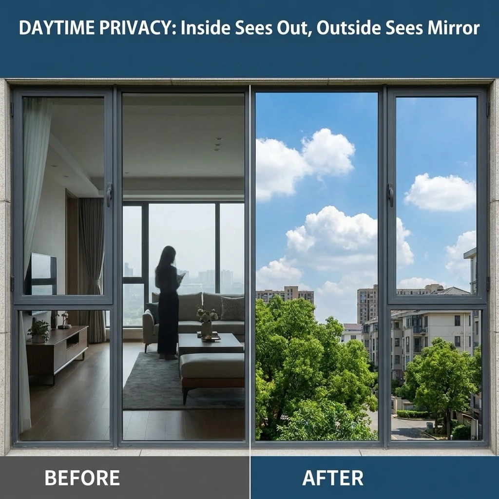 Self Adhesive One Way Window Film, Green Front Silver Back One Way Mirror Reflective UV Heat Block Glass Sticker for Home Office