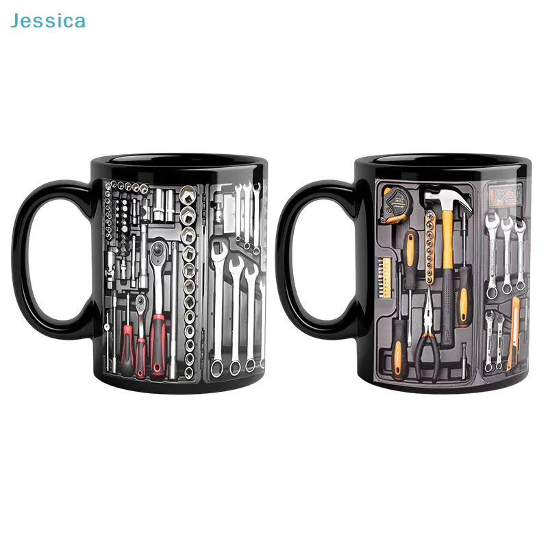 ♥Tool Set Printed Black Coffee Mug | Mechanic-Themed Ceramic Mug for Workshop & Gift (2 Designs)