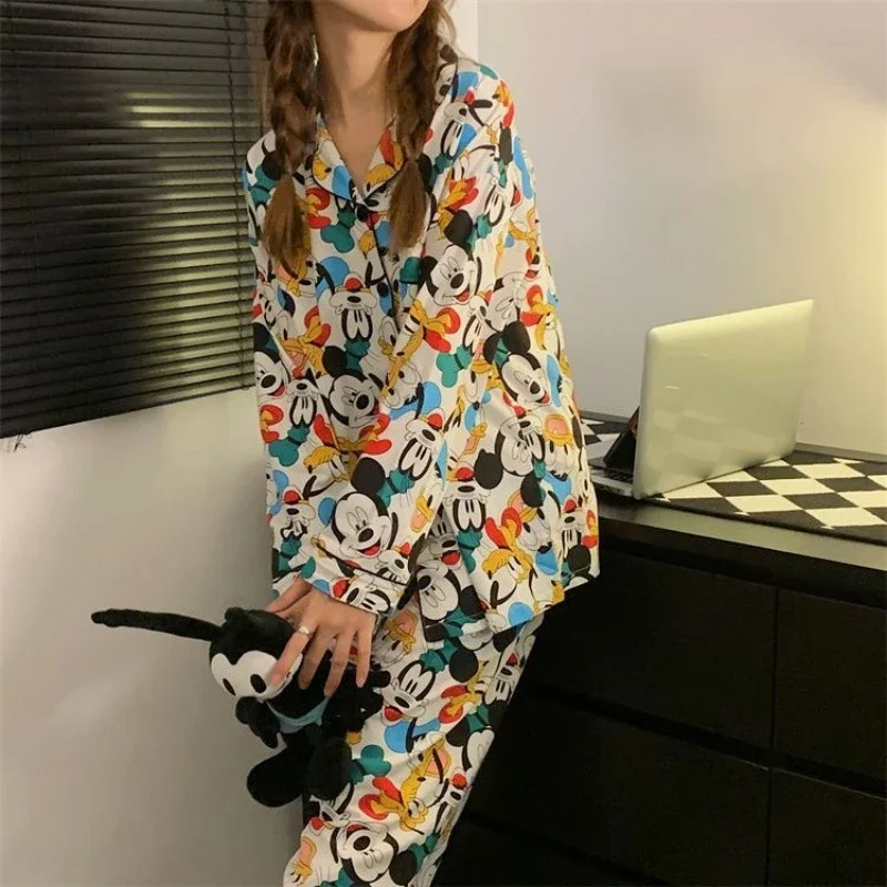 Disney Mickey Donald Duck Pluto cute cartoon girl heart spring and autumn pure cotton long-sleeved home clothes couple pajamas