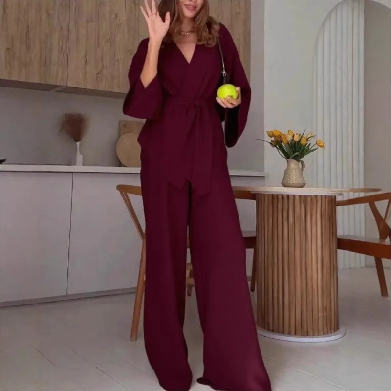 Jesienno-zimowy modny elegancki seksowny komplet: bluzka z dekoltem w serek, wiązana w talii, z długim rękawem + luźne spodnie z szerokimi nogawkami, zestaw dwuczęściowy damski.