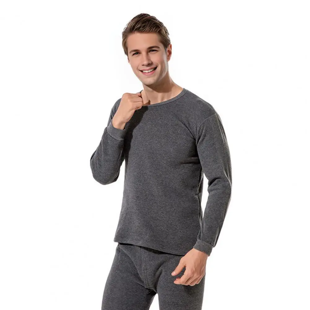 Long-sleeved Top Shorts Set Cozy Men's Lounge Set with Plush Lining Elastic Waist Pants Solid Color Pajamas for Relaxing