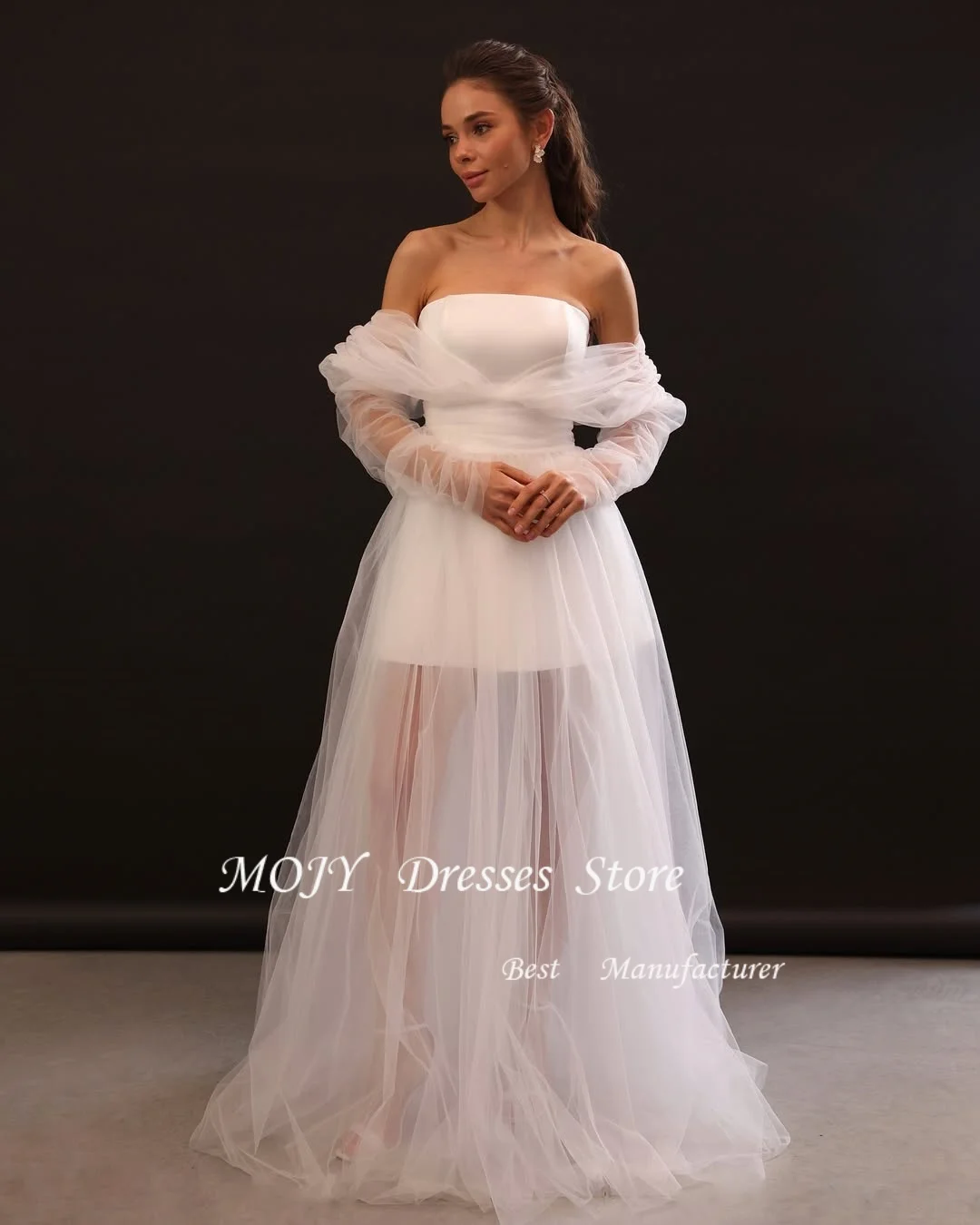 Mojy فستان الزفاف المرأة ألف خط الحبيب قبالة الكتف منتفخ الأكمام عارية الذراعين فستان زفاف Vestidos De Noiva مخصص