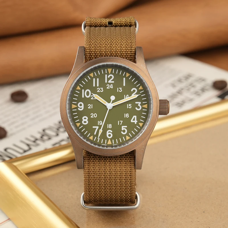 Montre Militado ML05 Field, acier inoxydable bronze vintage, saphir Shoous, mouvement à quartz VH31, 38mm