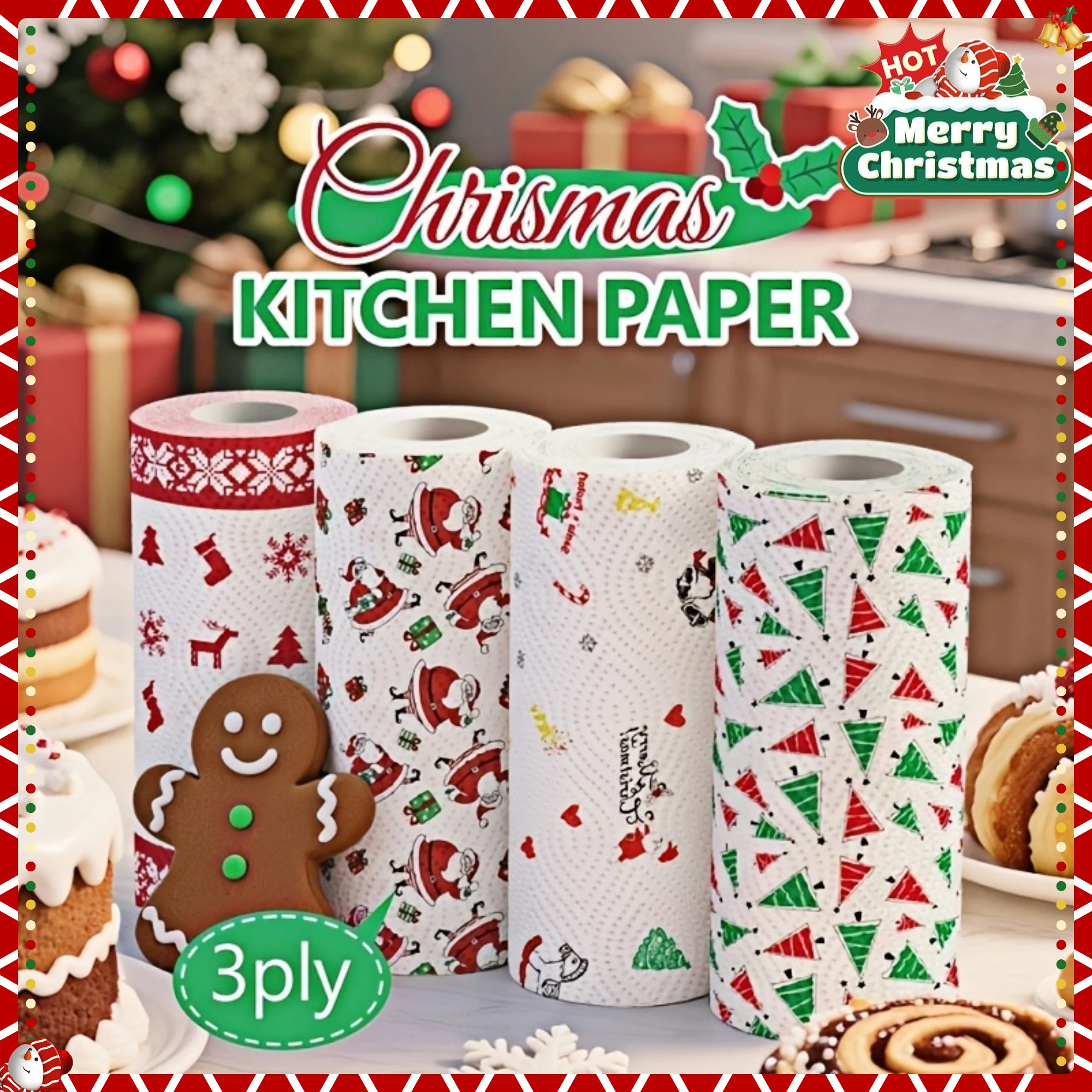 

3-Layer Thickened Cleaning Roll Paper, Christmas Kitchen Tissue | Disposable Household Cleaning Paper Wet and Dry Holiday Styles