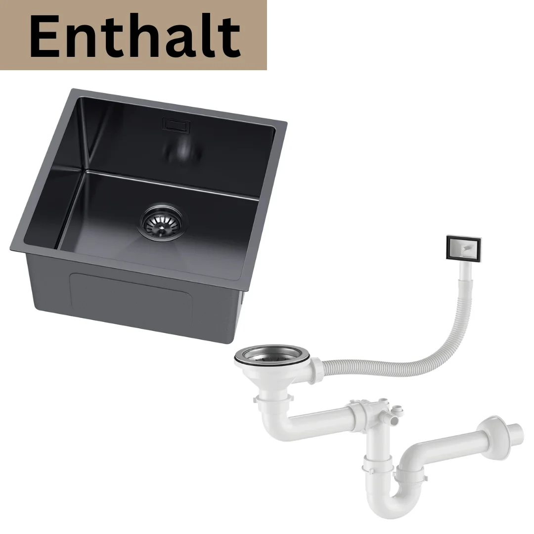 44x44cm PVD Grafiet RVS Keukenkraan, Enkelbak Handgemaakt, Topmount / Undermount / Flush Mount, Met Afvoer