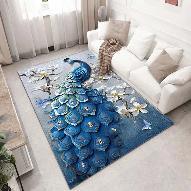 15 Size Ice Blue Peacock Canary Animals Rug for Living Room Non-slip Floor Mat Home Decor Carpet Bedroom Decoration Outdoor Rug