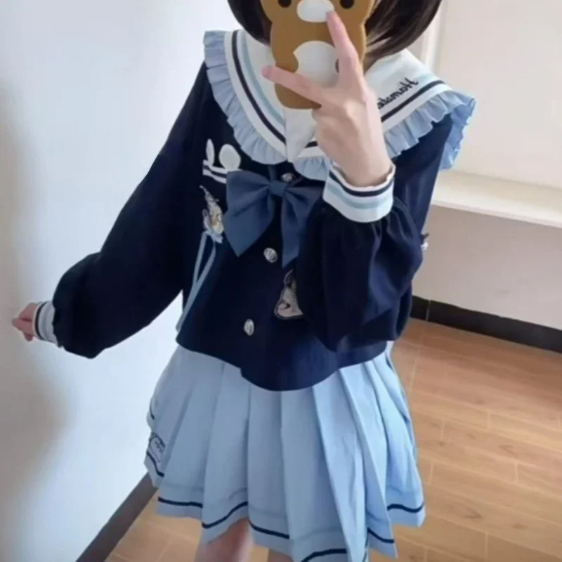 

Kawaii JK Uniform Skirt Set Women Preppy Style Sweet Bow Sailor Collar Tops Pleated Mini Skirts Gothic Y2k Lolita Suit Blue 2025