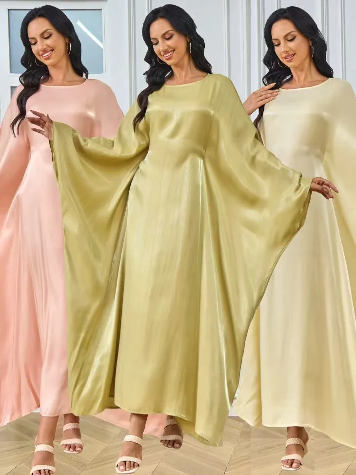 두바이 중동 신상품 루즈핏 허리 디자인 출퇴근용 봄 가을 패셔너블 플라잉 천 박쥐 소매 롱 드레스