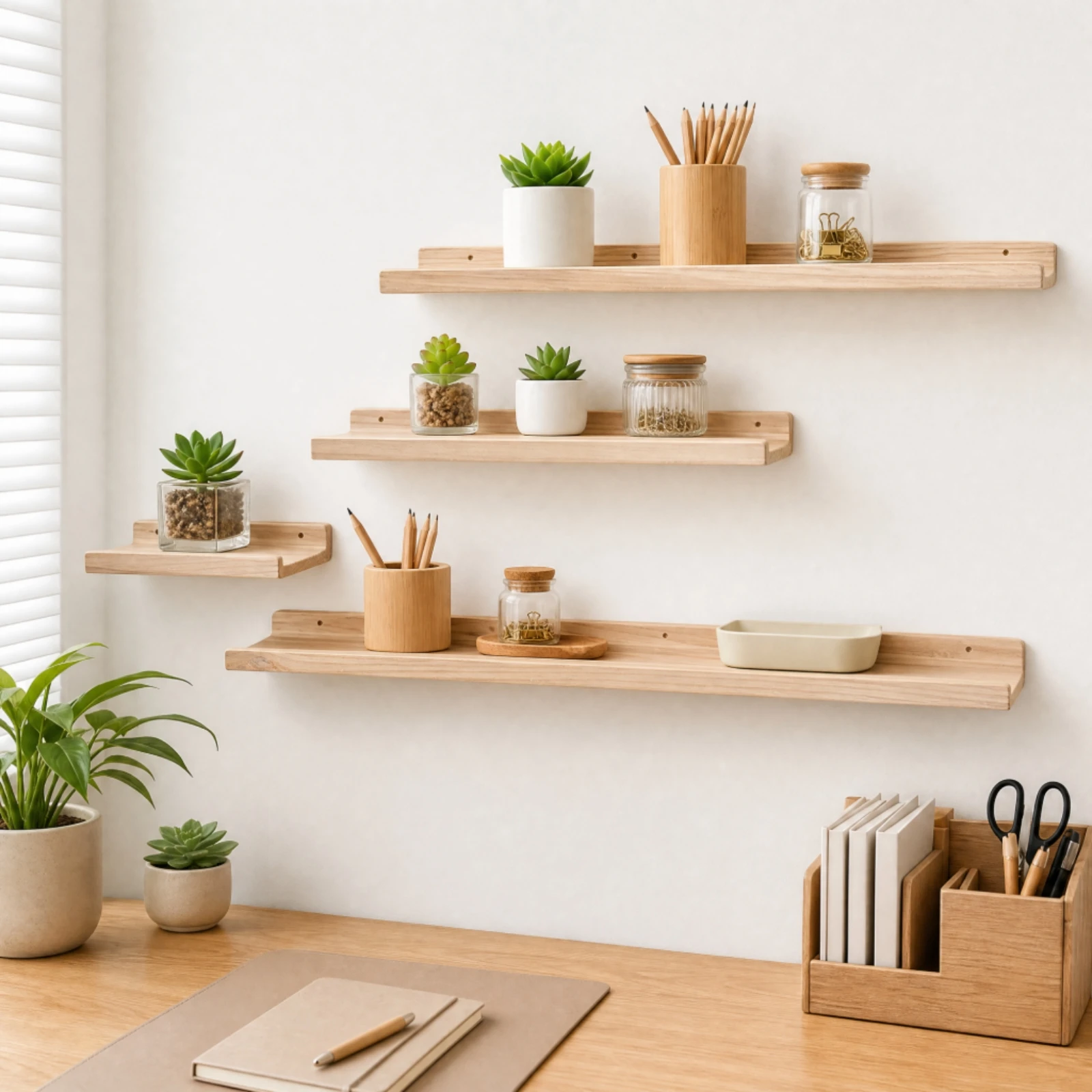 4 Pieces Wooden Wall Display Shelf Slim Wall-Mounted Wooden Shelf with Rear Rail Floating Shelves Smooth Decorative