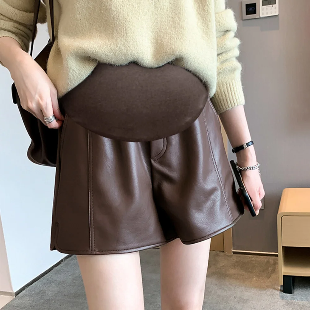 Shorts de maternidade PU para gestantes, roupas largas e soltas de barriga reta, bota de gravidez, moda coreana, outono e inverno