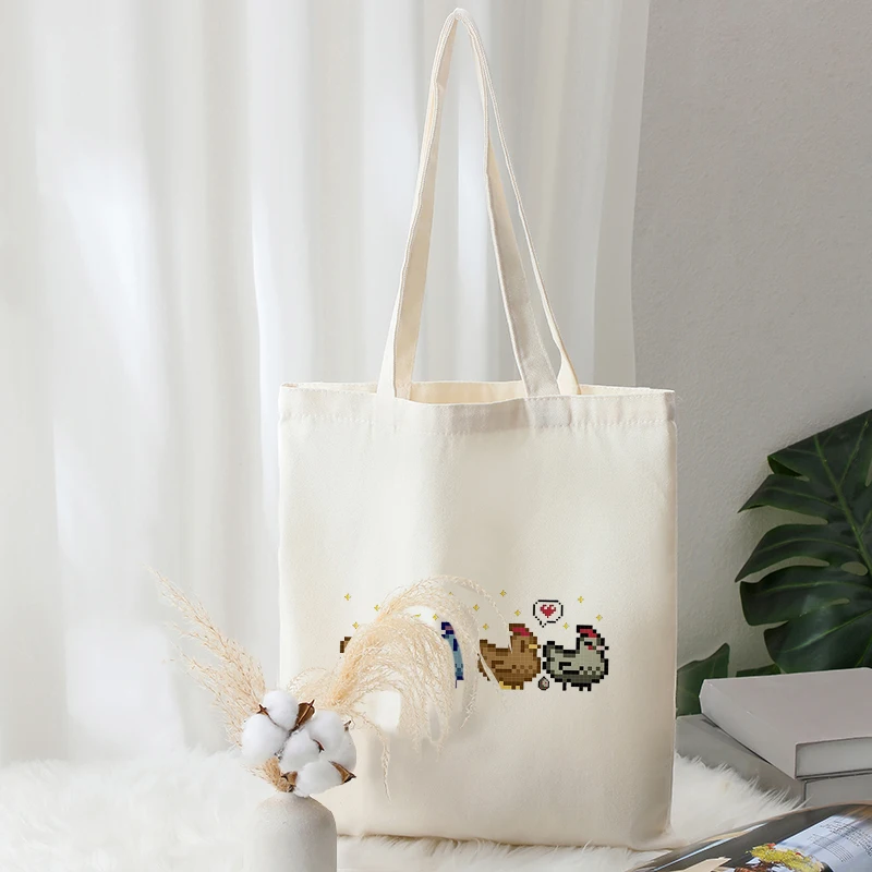 

Stardew Valley Chickens Pattern Tote Bags Canvas Foldable Shoulder Bag Travel Daily Commute Women's Reusable Large Shopping Bag