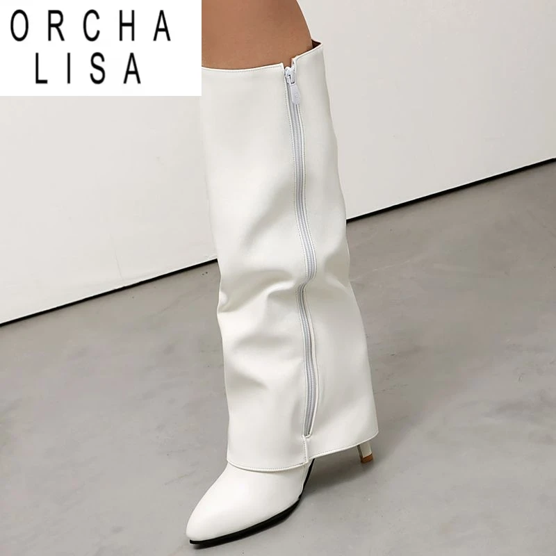 

ORCHA LISA 2025 Модные пикантные женские ботинки с круглым носком на тонком каблуке 8,7 см на молнии размера плюс 44 45 46 47 Ботильоны до колена для вечеринок и свиданий