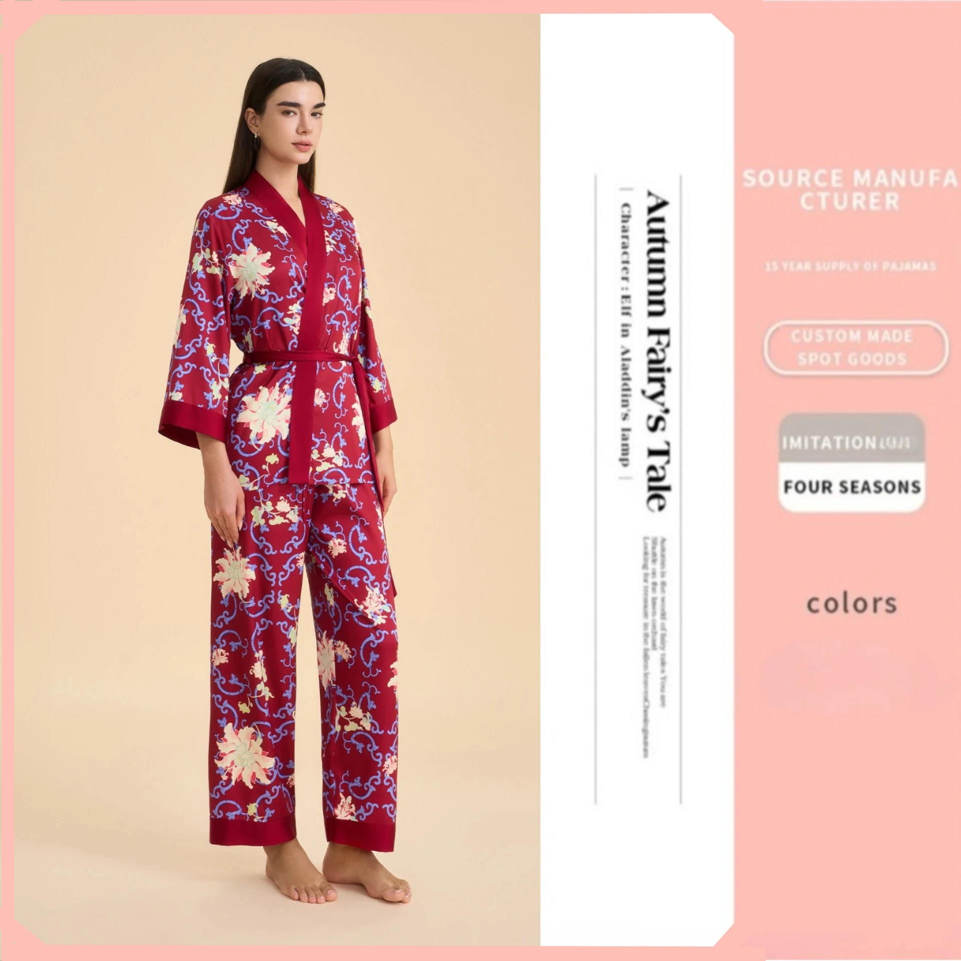 Spring Womens Pajamas Set Female 2PCS Sleepwear Loungewear Print Cardigan Trouser Pijamas Sleep Suit Satin Homewear