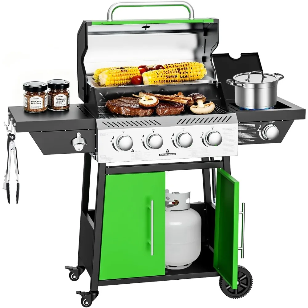 Parrilla de gas propano de 4 quemadores de acero inoxidable con quemador lateral, parrilla de barbacoa para cocinar al aire libre de 50.000 BTU