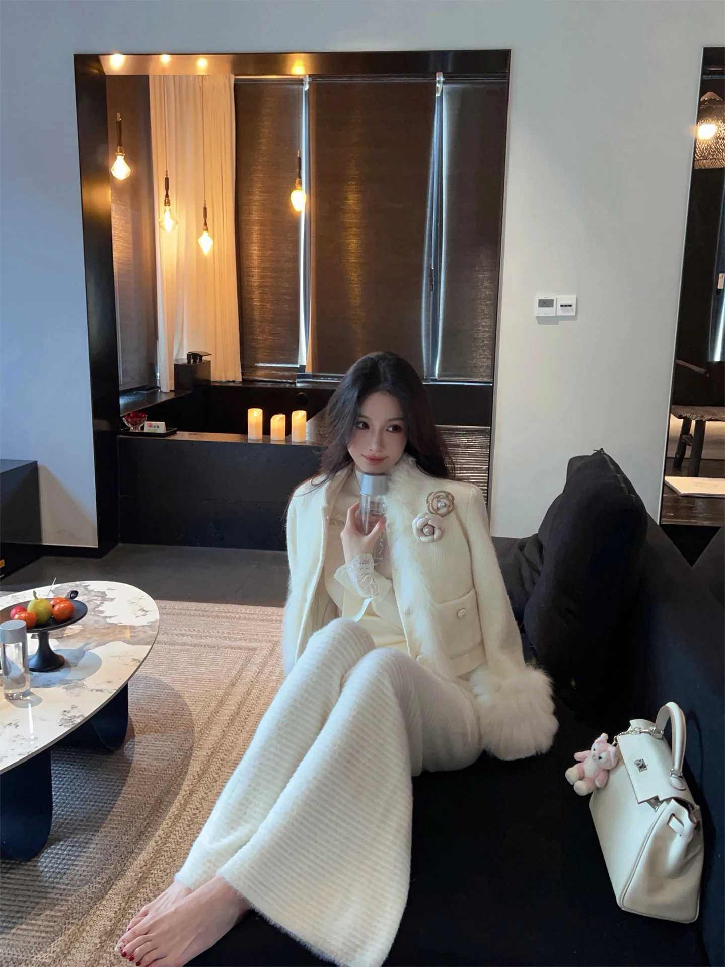 

FairyJiang Winter Thiened Knitted Wide Leg Pants Women Loose Casual Long Trousers Imitation Mink Stripe High Waist Casual S...