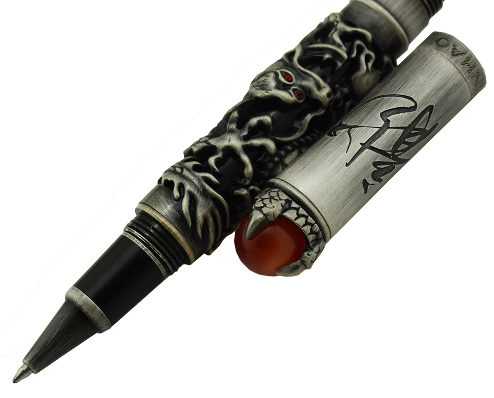Yeni Jinhao ejderha kral Vintage tükenmez kalem, benzersiz Metal kabartma yüksek teknoloji, gri ve kırmızı renk iş ofis ev gereçleri
