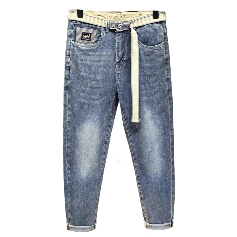 Fashion Embroidered Jeans Men's Street Versatile Trend Casual Matching Belt Spring and Summer Slim Fit Thin Pants