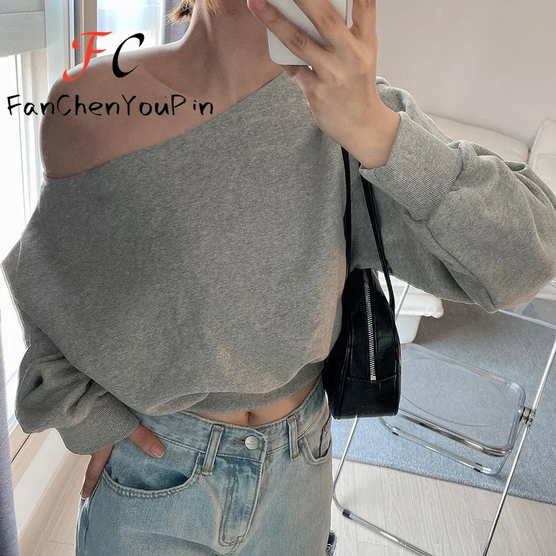 New Women\'s T-shirts Fashion Casual Off-shoulder Long-sleeved Sport Tops Cotton Sweet Loose Cool Hot Short Slim Fit Sweatshirts