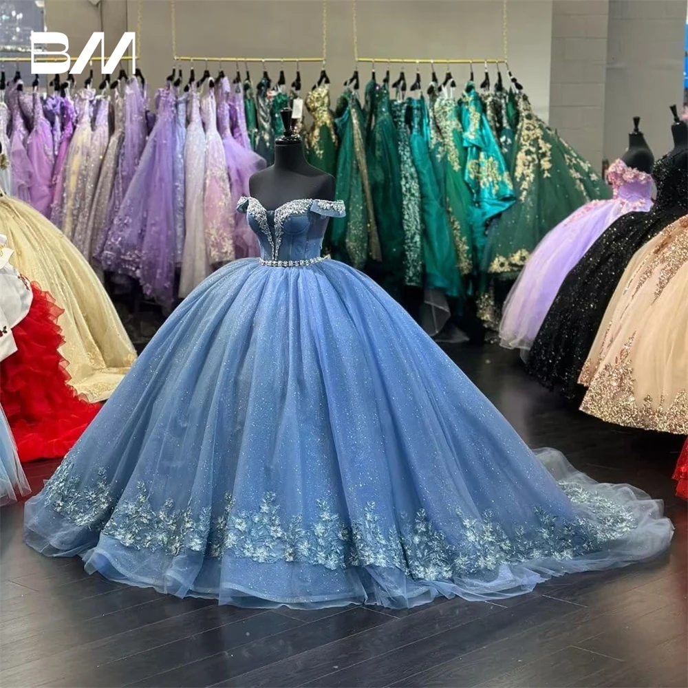 فستان تل لامع كوينسينيرا مخصص حلو 16 ثوب كرة عاري الكتفين Vestidos De 15 Quinceañera Vestidos De Baile