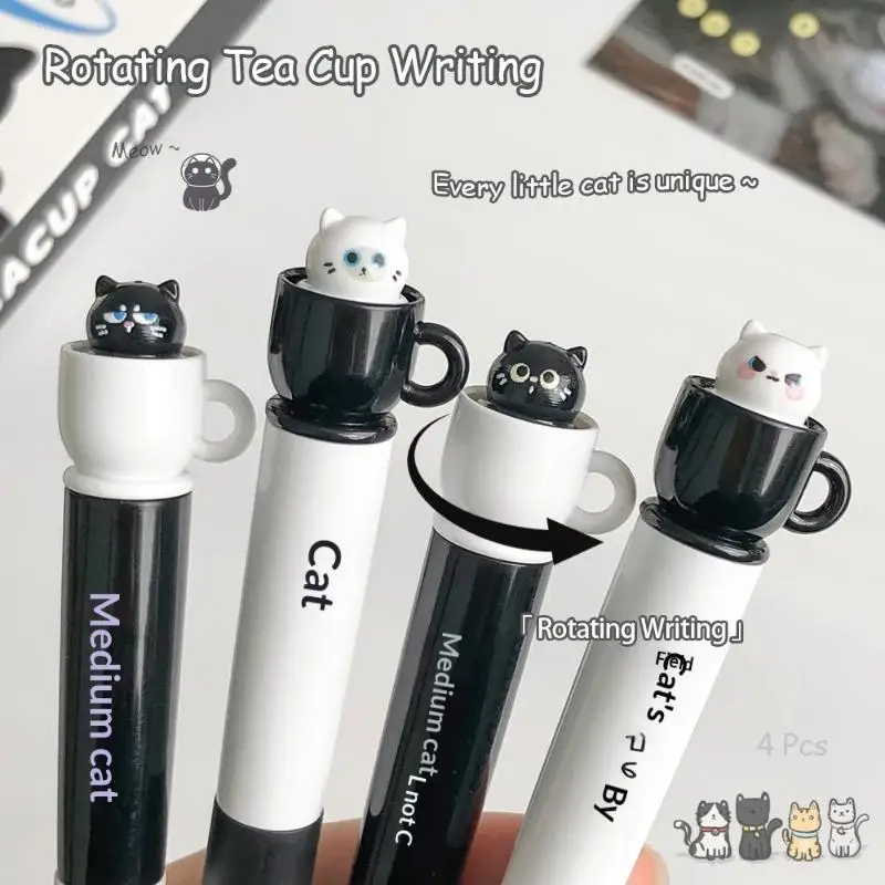 1/2/4pcs Cute Rotating Teacup Cat Gel Pens 0.5mm Fun Animal Quick Dry Pen Creative Cat Pocket Pen For School & Office
