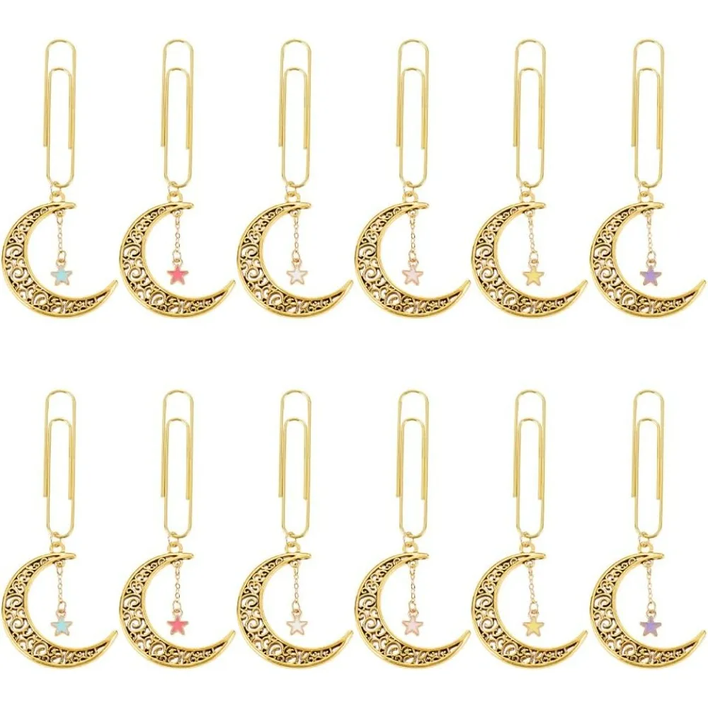 12Pcs Moon and Star Paperclips 3.8 Inch Alloy Pendant Paper Clip with Moon Star Charms Metal Paper Clips for Paper Document Note