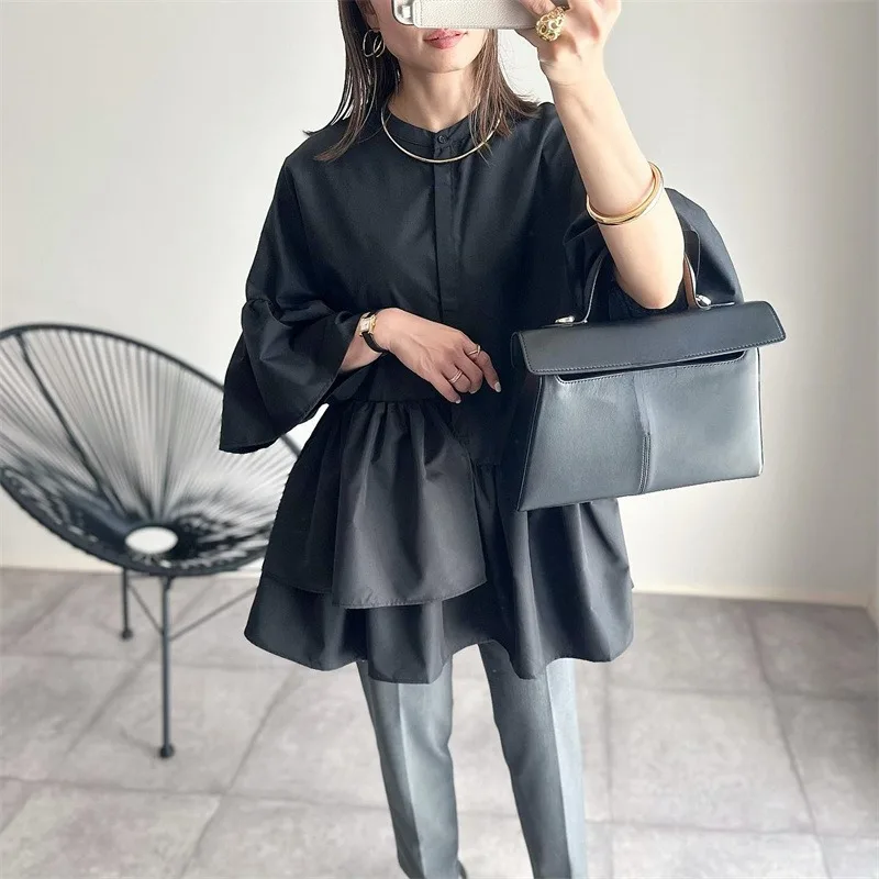 OCEANLOVE Japanese Style Women Shirts&blouses Solid Vintage Elegant Spring Autumn Blusas Mujer Fashion Simple Black Camisas