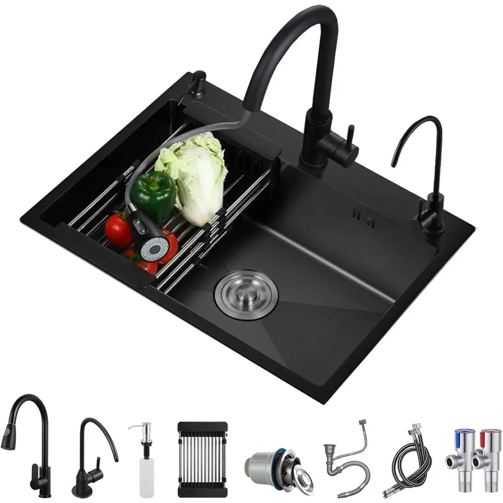 

Black StainlSteel Kitchen Sink, Single Bowl Kitchen Sink, Drop In/Topmount Workstation Sink with Sliding Accories, armhouse Work