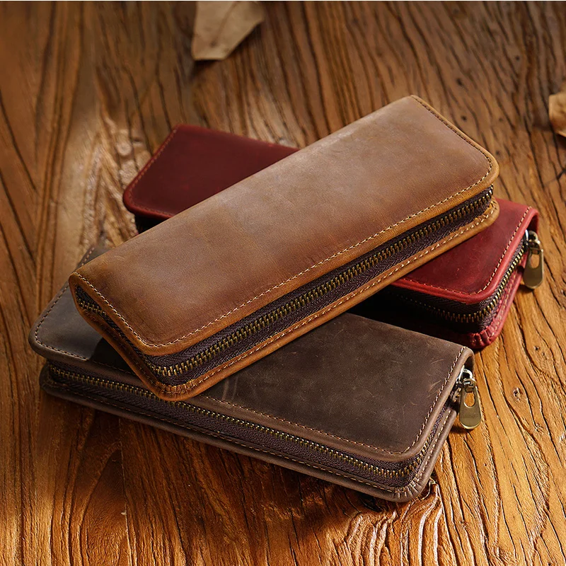 Handmade Genuine Leather Pencil Bag Vintage Retro Style Cowhide Zipper Pen Case School Bag Glasses Case Office Stationery Gift