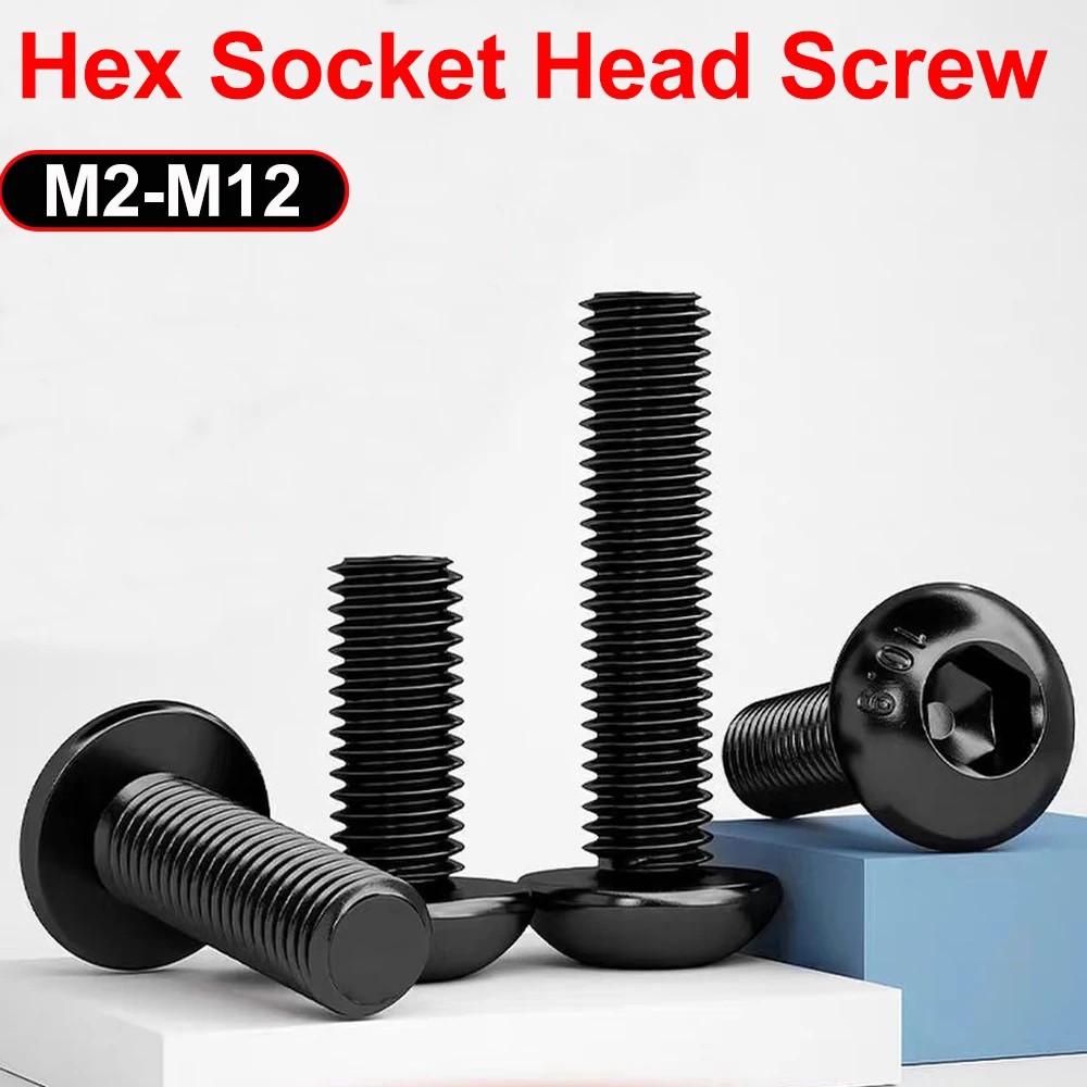M2 M2.5 M3 M4 M5 M6 M8 M10 M12 Round Button Head  Allen Cap Screw Bolt Black Grade 10.9 Carbon Steel Hexagon Screw 1Pcs-150Pcs