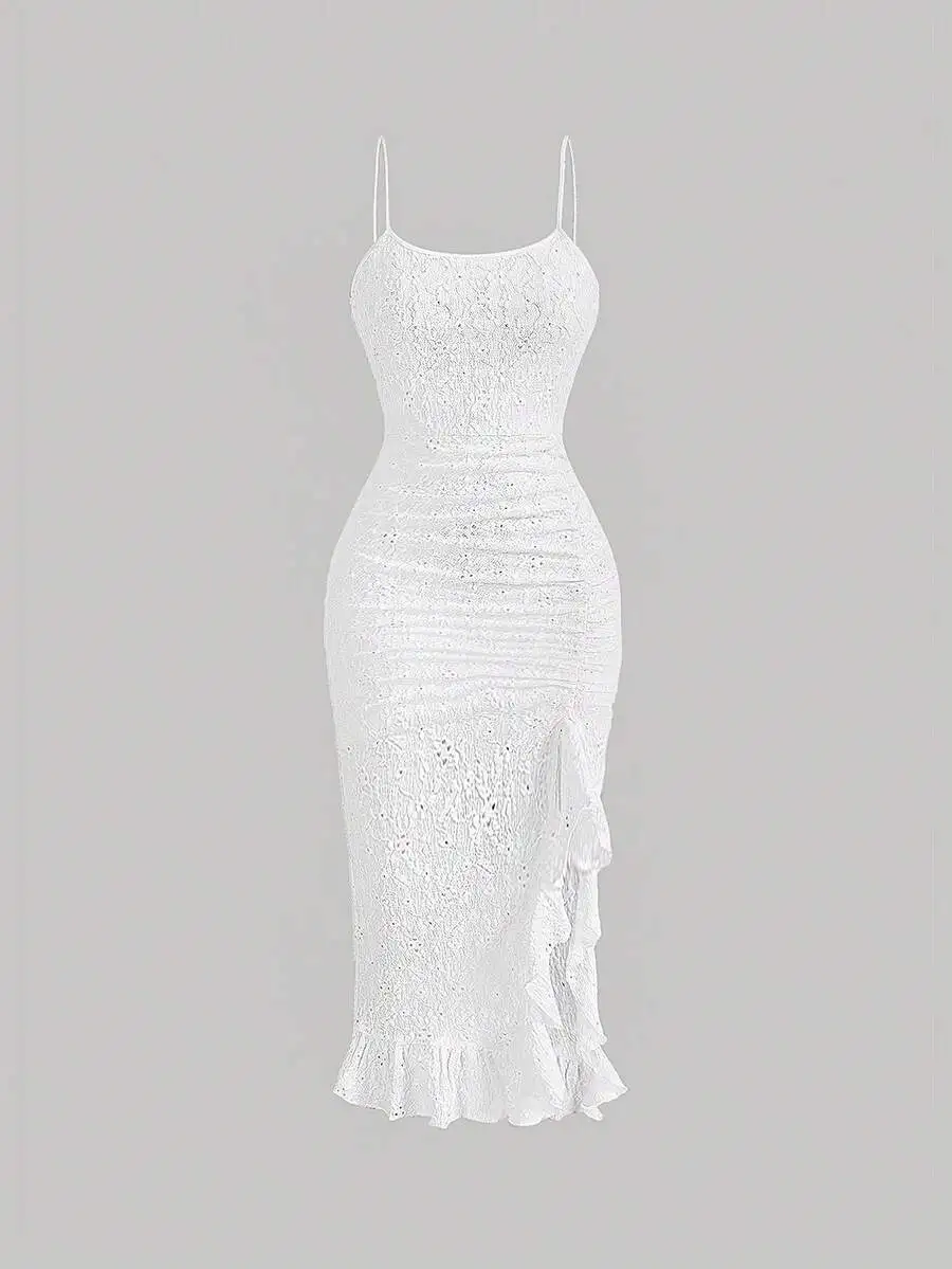 

Ruched Ruffle Hem Lace Cami Dress For Wedding Guest Party